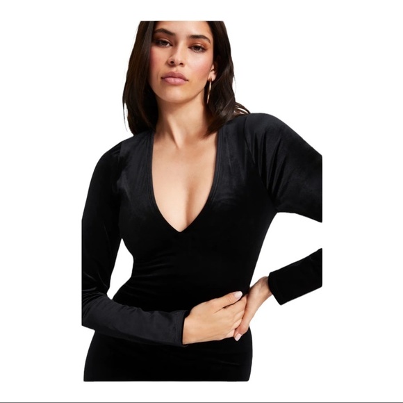 NEW GOOD AMERICAN Black Deep V Neck Velvet Bodycon Midi Dress Size 6/3XL - Picture 3 of 12